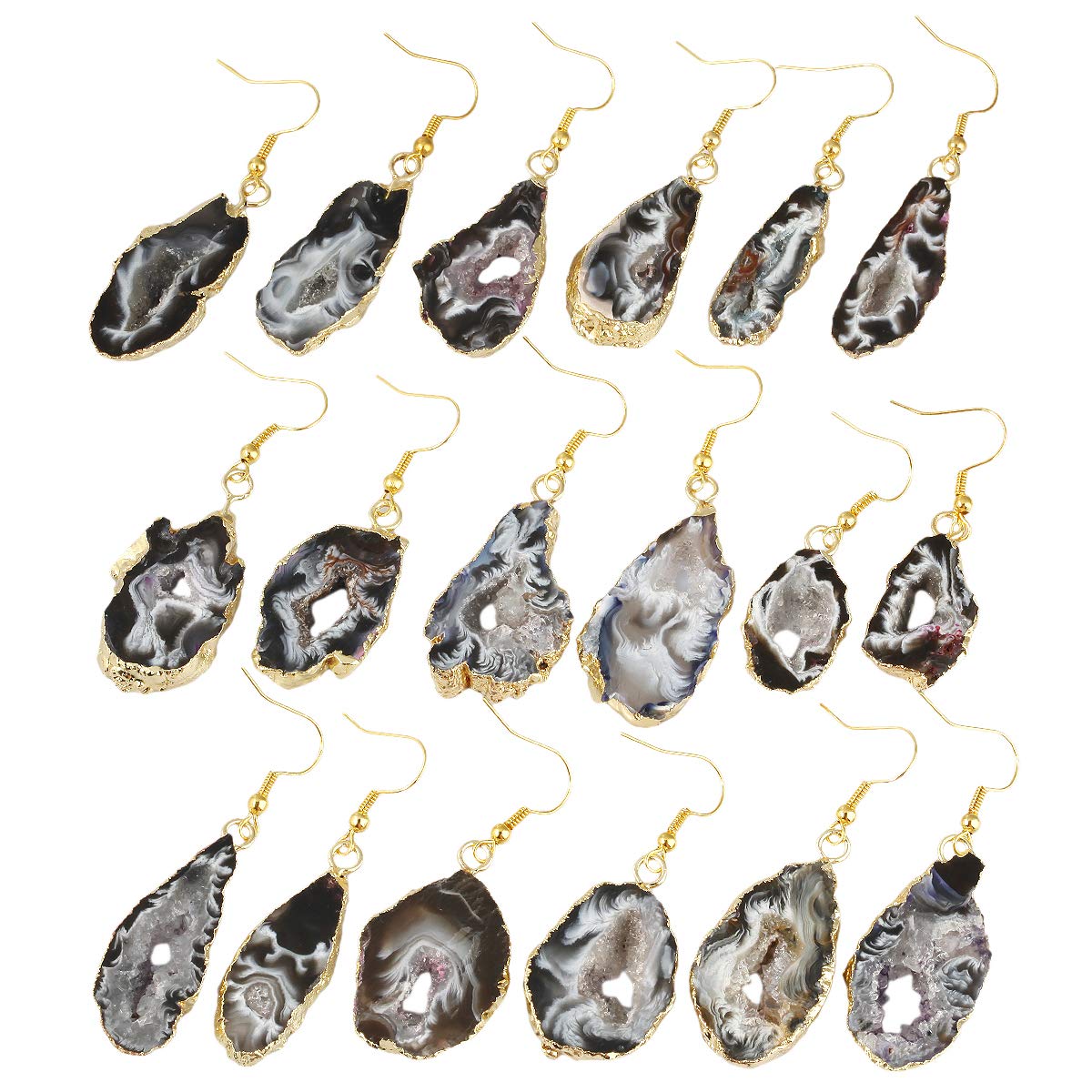 Nupuyai Natural Stone Drop Earrings for Women, Druzy Agate Geode Crystal Quartz Dangle Hook Earrings, Gold Plated, Pack of 2