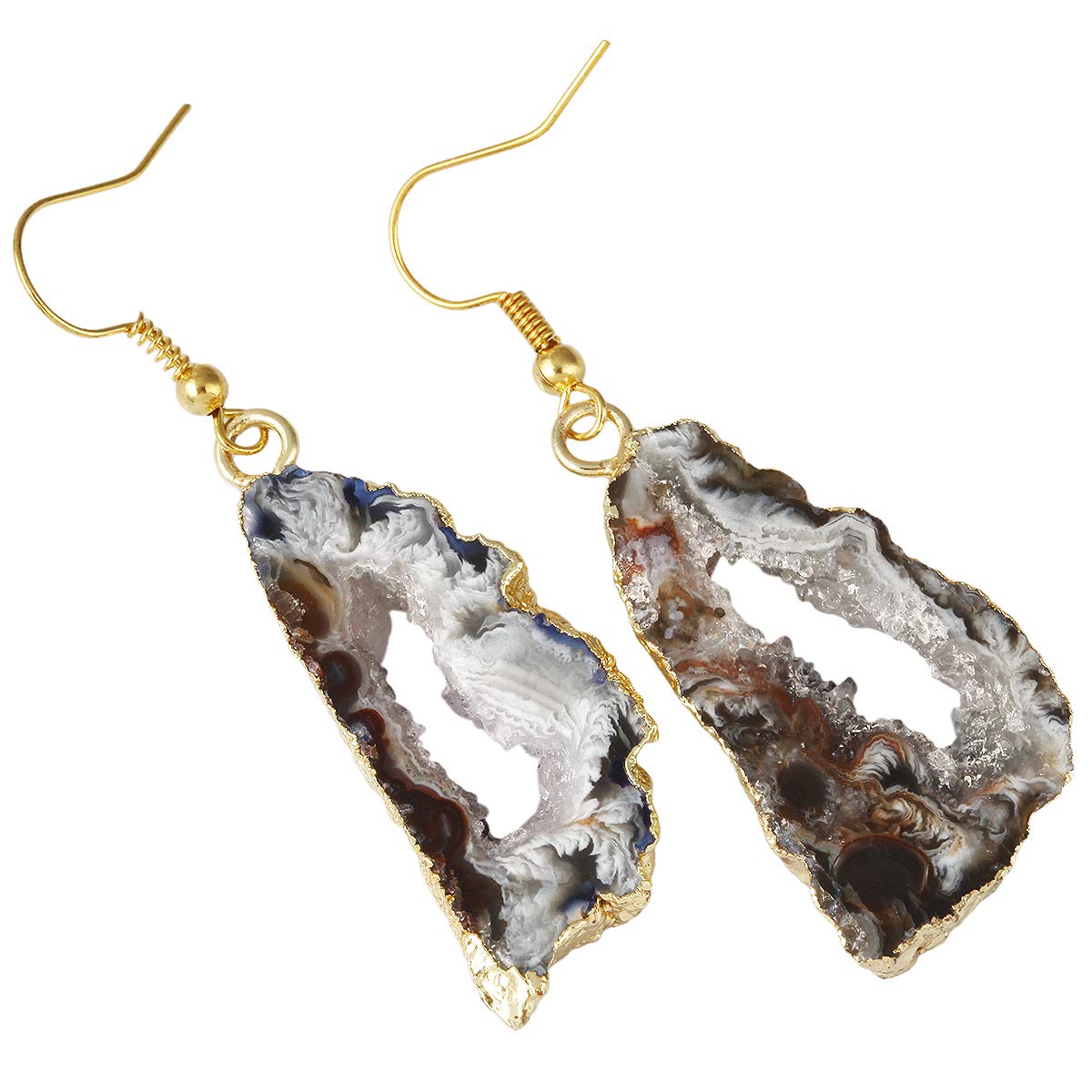 Nupuyai Natural Stone Drop Earrings for Women, Druzy Agate Geode Crystal Quartz Dangle Hook Earrings, Gold Plated, Pack of 2