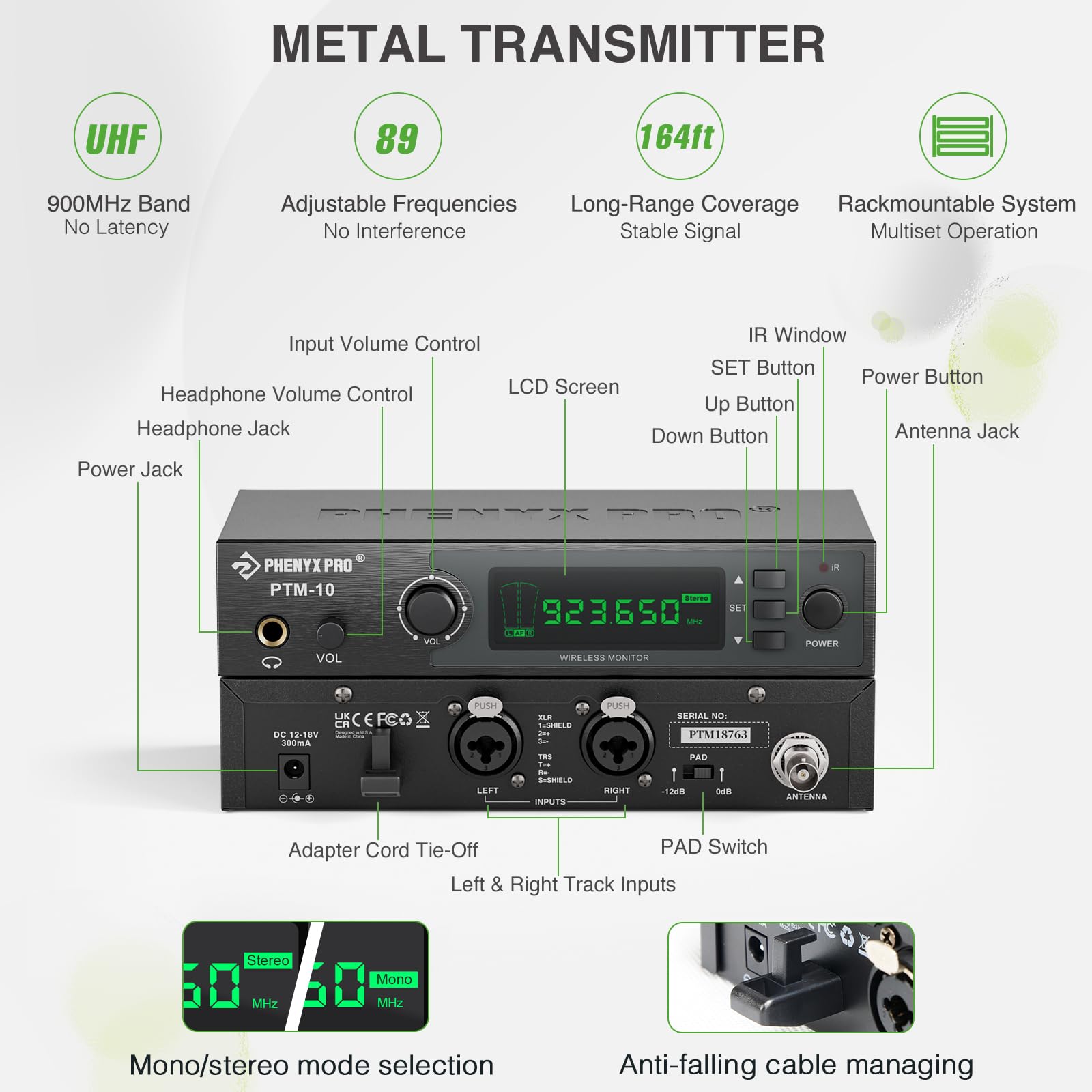 Phenyx Pro UHF Stereo Wireless in Ear Monitor System, Wireless IEM, 900MHz Band Selectable Frequency, Rack Mountable, 160 ft. Operation, suitable for Stage, Studio, Exhibit, Lecture, Speech (PTM-10)