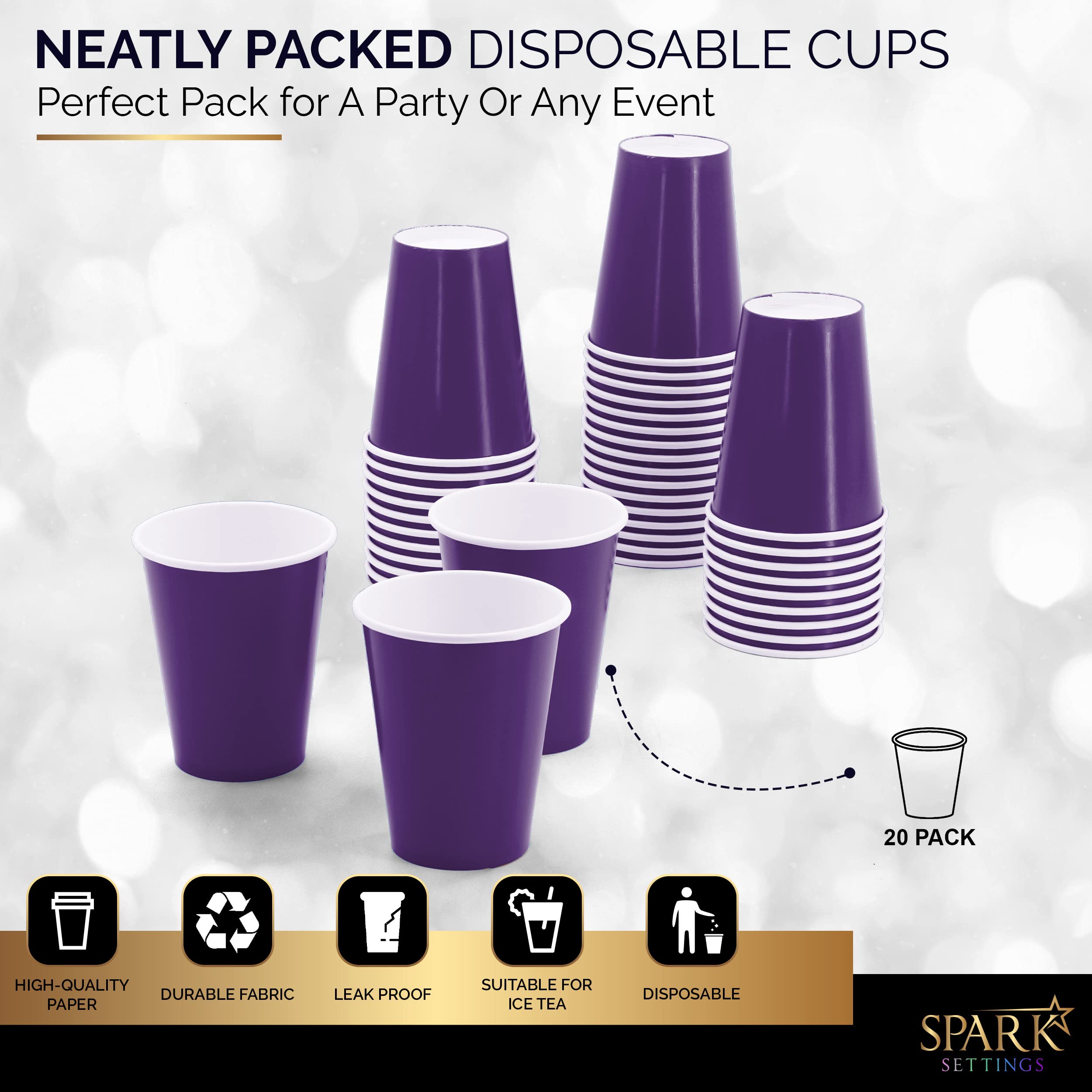 SparkSettings Disposable Paper Cups, 9 oz. Purple Paper Coffee Cups, Strong and Sturdy Coffee Disposable Cups for Party, Wedding, Thanksgiving Day, Christmas, Halloween Hot Cups, Pack of 20