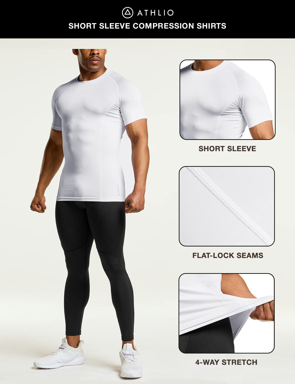 ATHLIO Men's Cool Dry Short Sleeve Compression Shirts, Sports Baselayer T-Shirts Tops, Athletic Workout Shirt, 3pack Tops White/White/White, Large