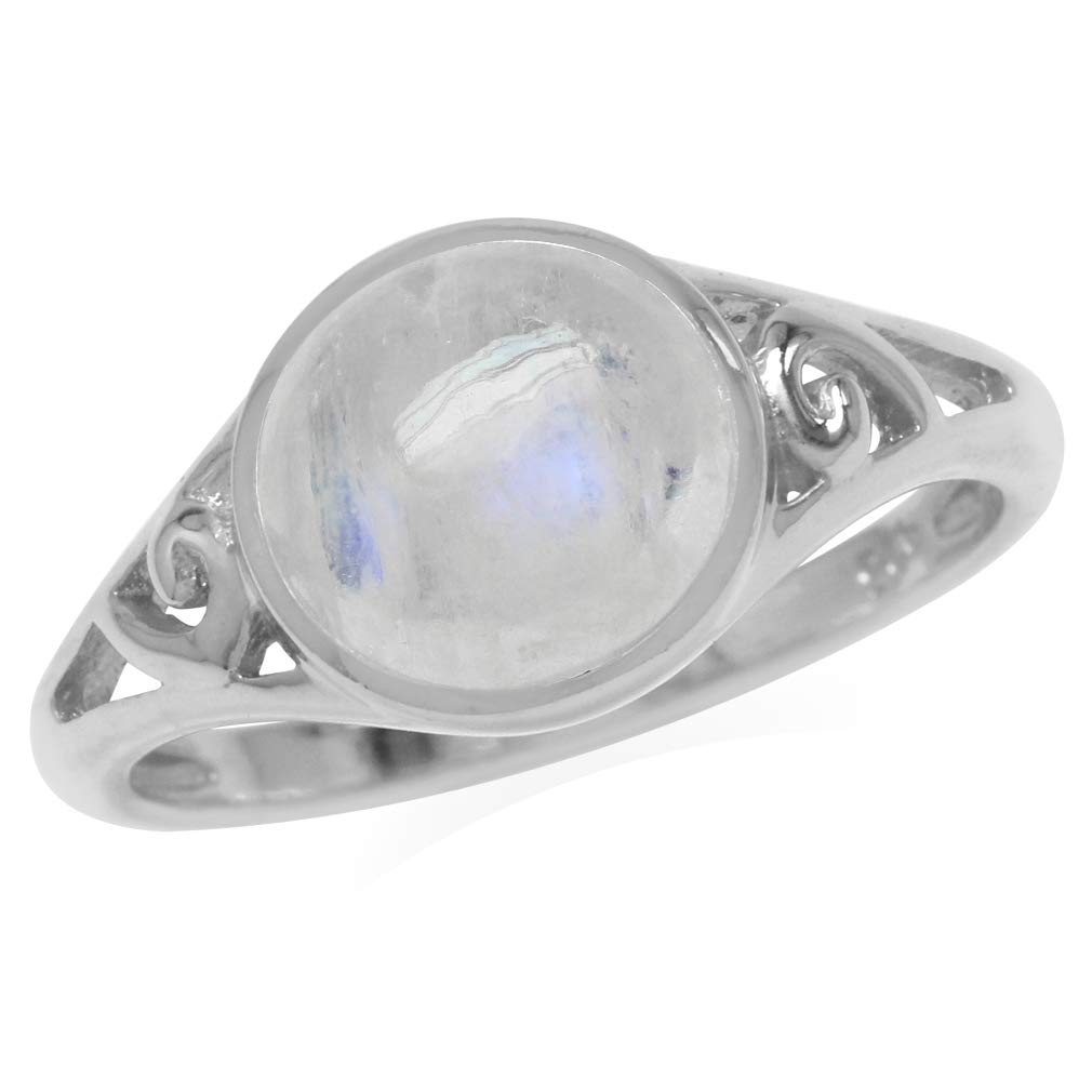 Silvershake 9mm Natural Round Shape Moonstone White Gold Plated 925 Sterling Silver Filigree Swirl Ring Size 7