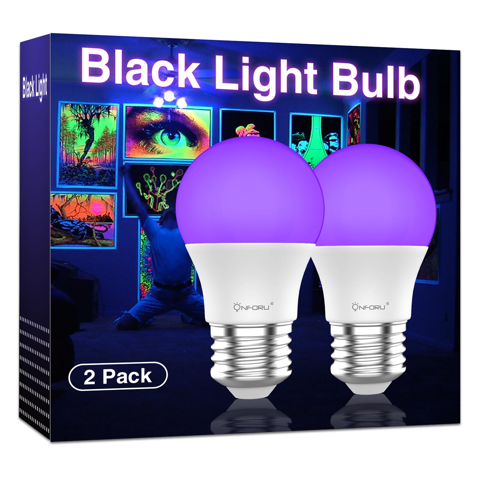 Onforu 15W LED Black Light Bulbs, A19 E26 120W Equivalent Blacklight Bulb for Glow in The Dark, Halloween Lights, 120V, Level 385-400nm, Blacklight Party, Body Paint, Fluorescent Poster