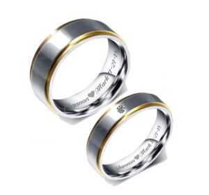 personalized silver & gold stainless steel two tone couple's ring set his & hers custom engraved free - ships from usa