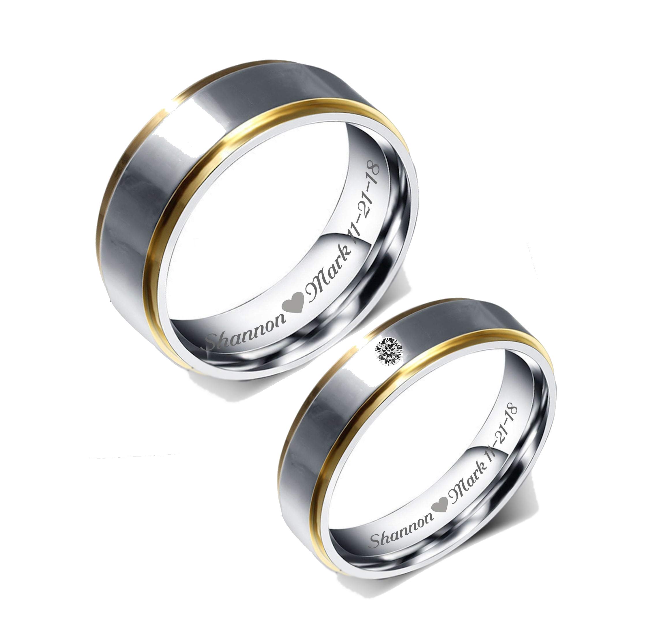 Personalized Silver & Gold Stainless Steel Two Tone Couple's Ring Set His & Hers Custom Engraved Free - Ships From USA