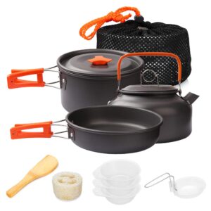 gutsdoor camping cookware set camping cooking set non stick family backpacking cooking set lightweight stackable pot pan kettle bowls with storage bag for outdoor hiking (10 piece/set)