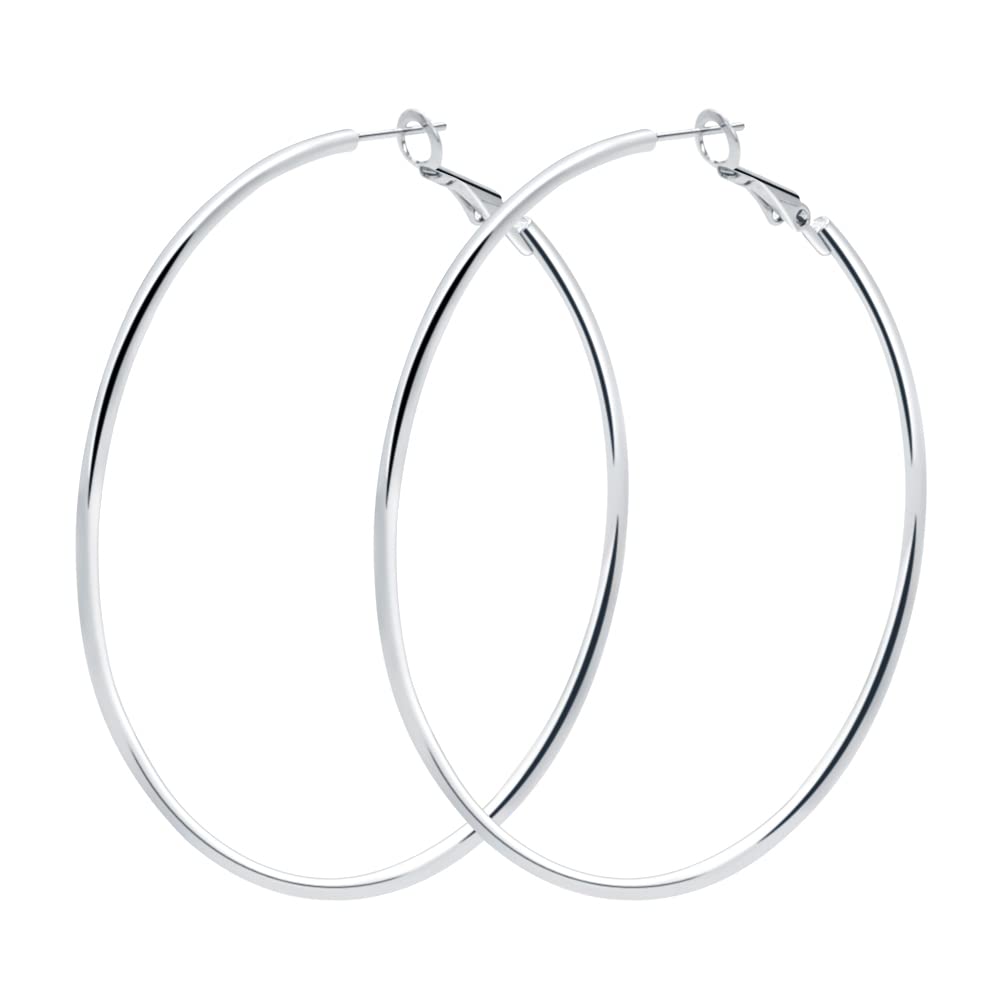 Rugewelry 925 Sterling Silver Post Hoop Earrings,18K White Gold Plated Polished Rounded Hoop Earrings For Women, Gift Box Packaging