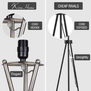 Kira Home Sadie 60" Mid Century Modern Tripod LED Floor Lamp + 9W Bulb (Energy Efficient/Eco-Friendly), Gray Drum Shade, Brushed Nickel Finish