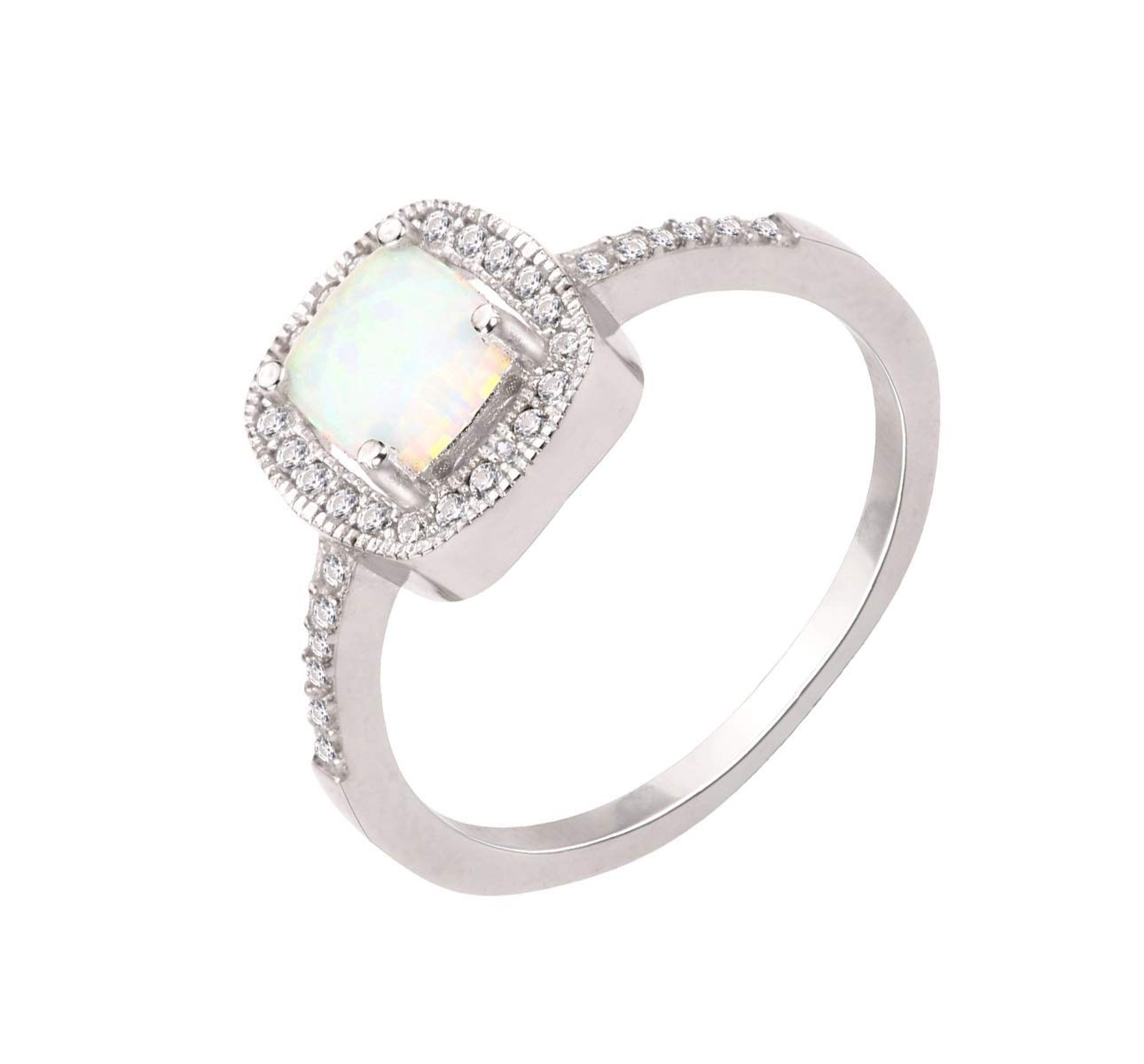 CloseoutWarehouse White Simulated Opal Princess Halo Ring Sterling Silver Size 14