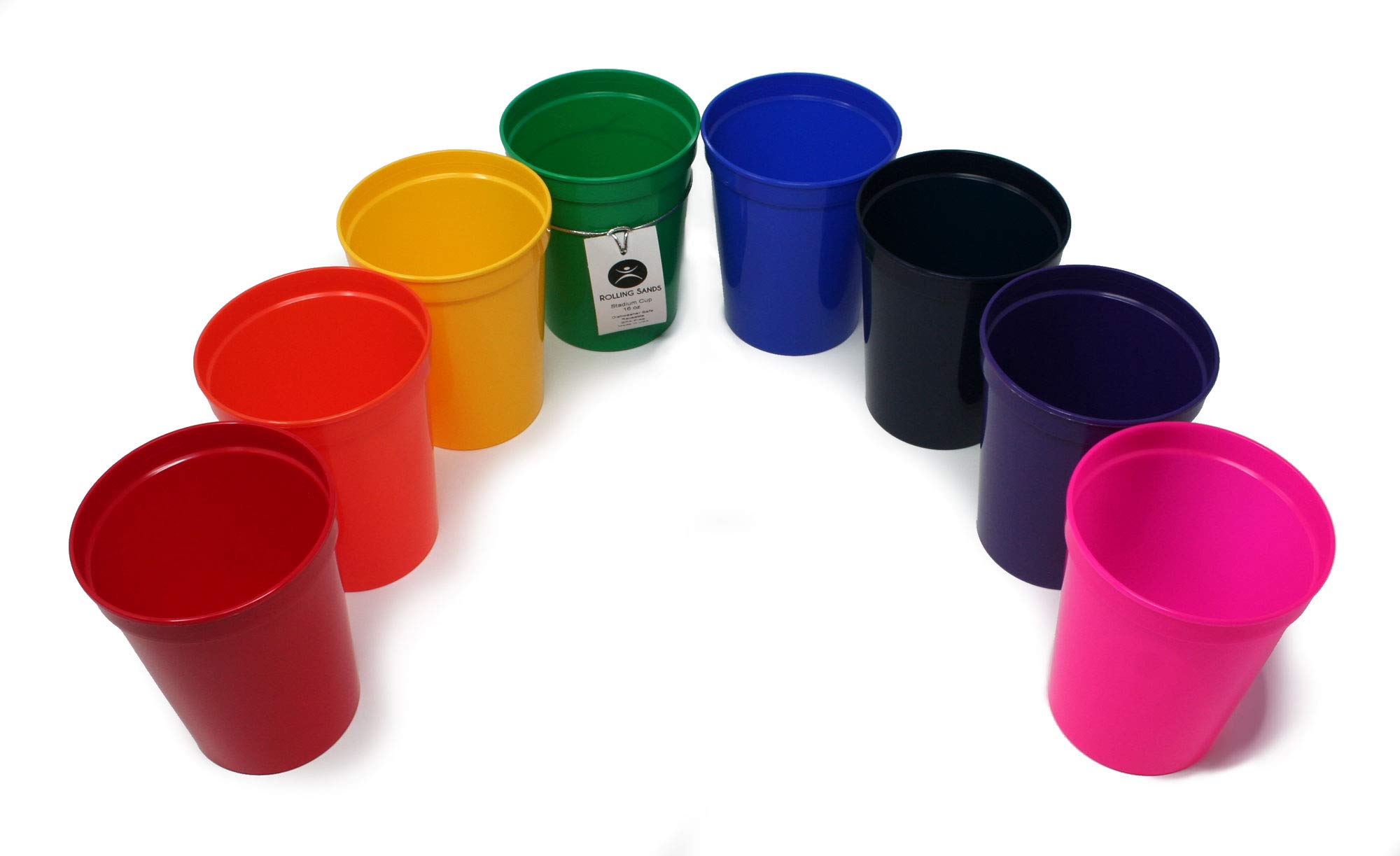 Rolling Sands 16 oz. Reusable Plastic Stadium Cups, 8 Pack, Made in USA, BPA-Free Dishwasher Safe Tumblers, Rainbow