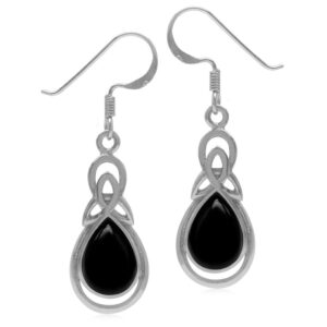 silvershake genuine pear shape black onyx 925 sterling silver triquetra celtic knot drop dangle hook earrings