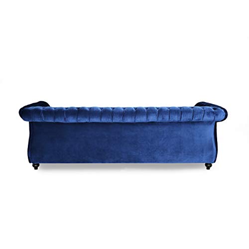 GDFStudio Chesterfield Tufted Jewel Toned Velvet Sofa with Scroll Arms, Navy Blue