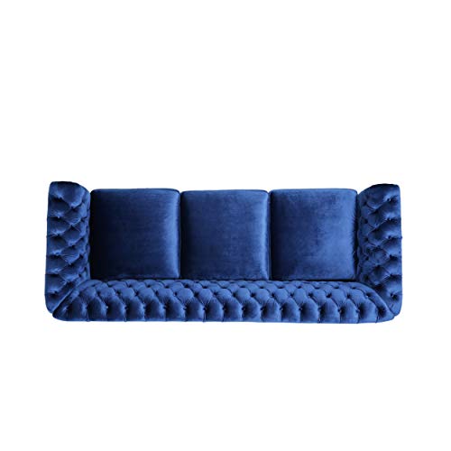 GDFStudio Chesterfield Tufted Jewel Toned Velvet Sofa with Scroll Arms, Navy Blue