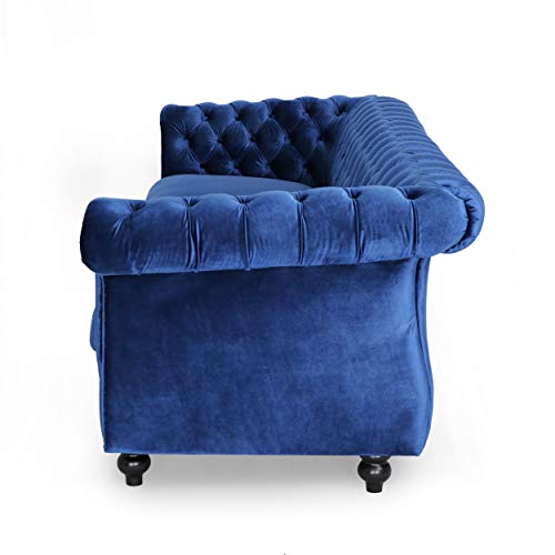 GDFStudio Chesterfield Tufted Jewel Toned Velvet Sofa with Scroll Arms, Navy Blue