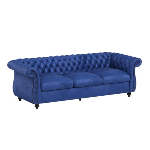 GDFStudio Chesterfield Tufted Jewel Toned Velvet Sofa with Scroll Arms, Navy Blue