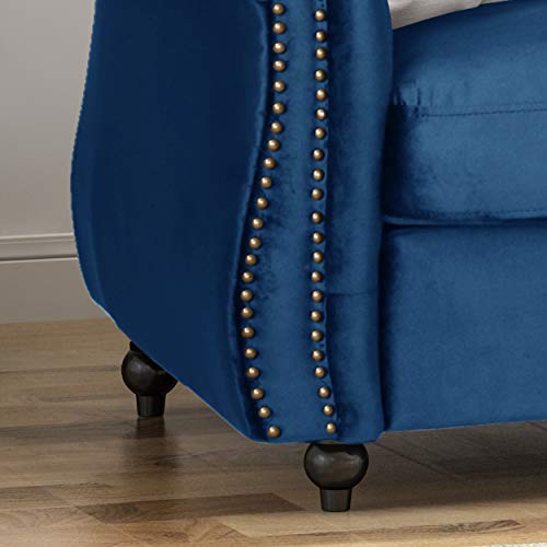 GDFStudio Chesterfield Tufted Jewel Toned Velvet Sofa with Scroll Arms, Navy Blue