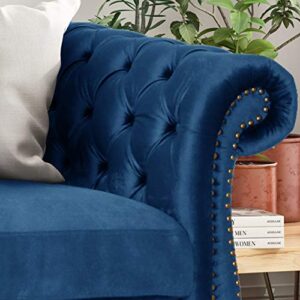 GDFStudio Chesterfield Tufted Jewel Toned Velvet Sofa with Scroll Arms, Navy Blue