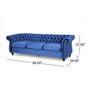 GDFStudio Chesterfield Tufted Jewel Toned Velvet Sofa with Scroll Arms, Navy Blue