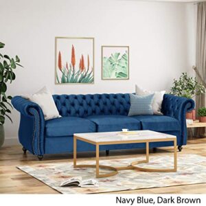 GDFStudio Chesterfield Tufted Jewel Toned Velvet Sofa with Scroll Arms, Navy Blue