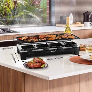 Raclette Table Grill, Techwood Electric Indoor Grill Korean BBQ Grill, Removable 2-in-1 Non-Stick Grill Plate, 1500W Fast Heating with 8 Cheese Melt Pans, Ideal for Parties and Family Fun (Black)