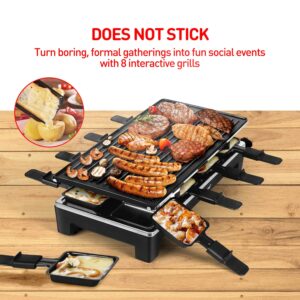 Raclette Table Grill, Techwood Electric Indoor Grill Korean BBQ Grill, Removable 2-in-1 Non-Stick Grill Plate, 1500W Fast Heating with 8 Cheese Melt Pans, Ideal for Parties and Family Fun (Black)