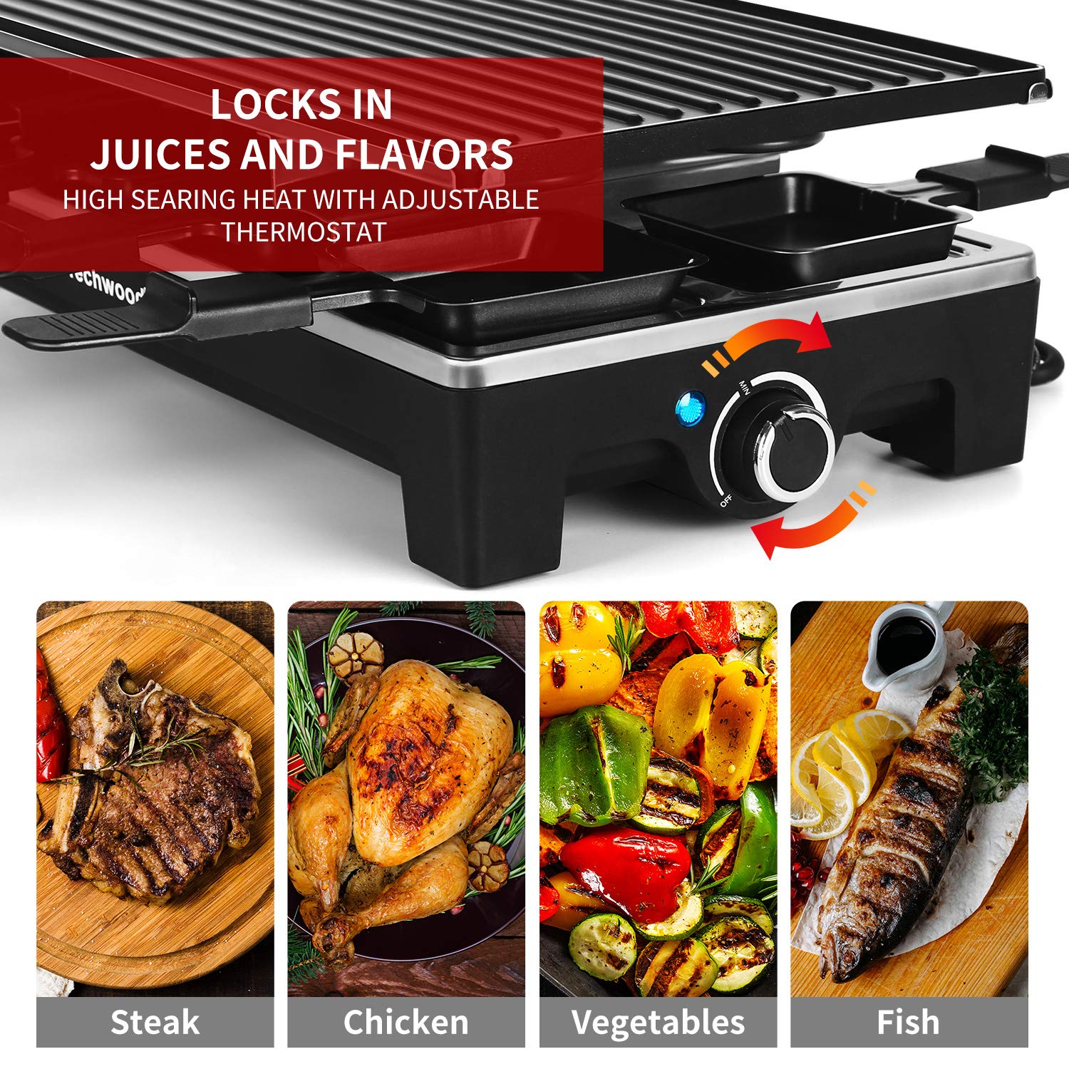 Raclette Table Grill, Techwood Electric Indoor Grill Korean BBQ Grill, Removable 2-in-1 Non-Stick Grill Plate, 1500W Fast Heating with 8 Cheese Melt Pans, Ideal for Parties and Family Fun (Black)