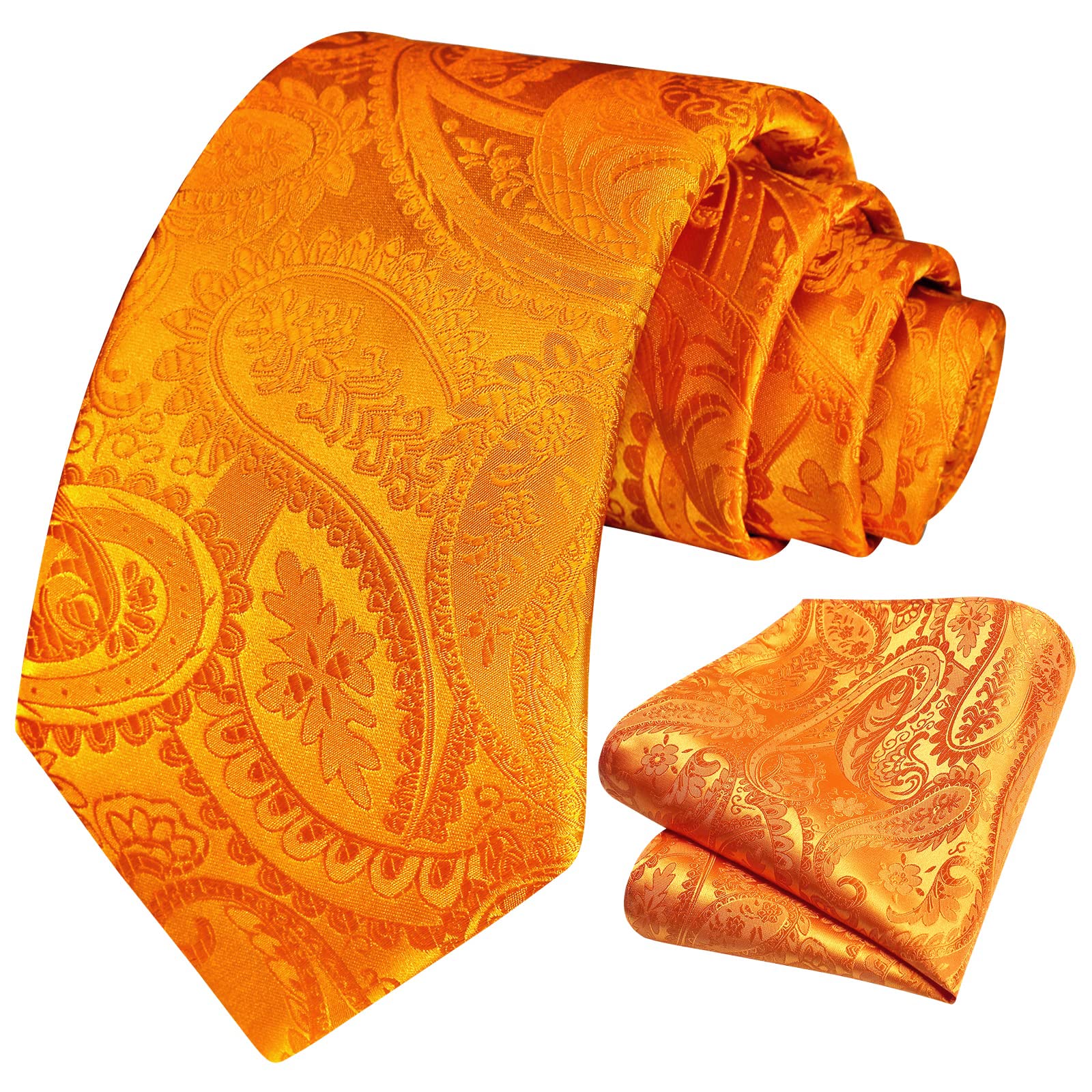 HISDERN Orange Paisley Ties for Men Solid Tie Handkerchief Floral Men's Necktie & Pocket Square Set Wedding Classic Mens Ties