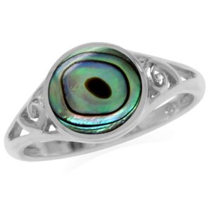 silvershake 9mm round shape abalone paua shell inlay white gold plated 925 sterling silver filigree swirl ring size 7