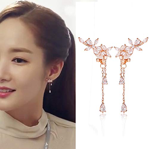 Clip on Earrings non Pierced Fringe Dangle Tassel Drop Cubic Zirconia Flower Women Rose Gold