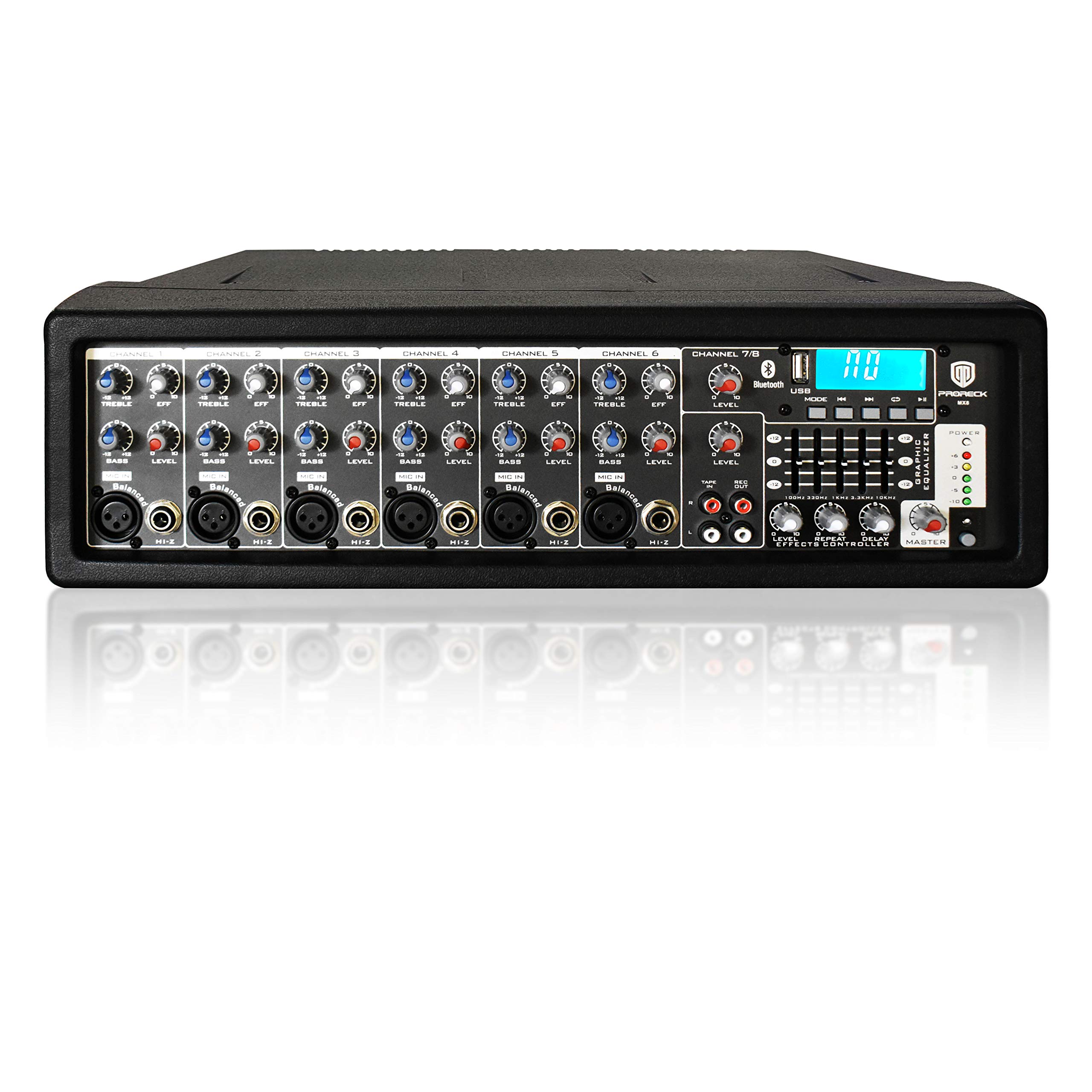 PRORECK MX8 2500 P.M.P.O 8 Channel Compact Studio Powered Mixer with Built In Effects & USB Audio Interface for Party/Meeting/Wedding +48V Phantom Button