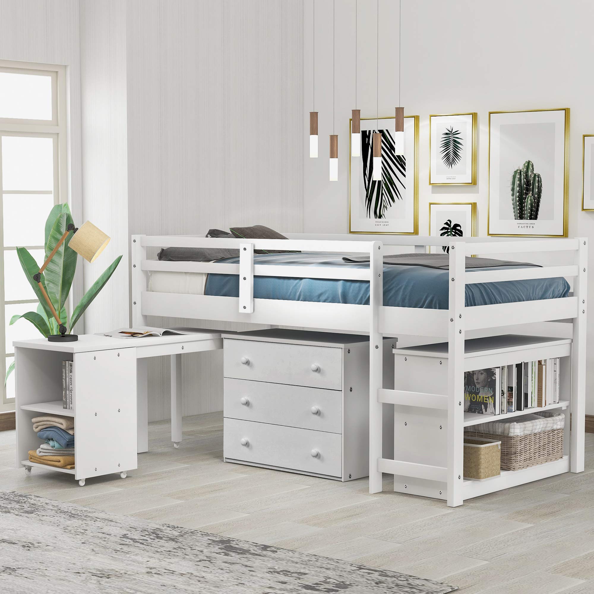 Harper & Bright Designs Low Study Twin Loft Bed with Cabinet and Rolling Portable Desk, White