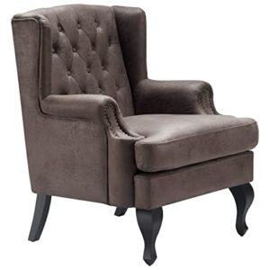 Serta Mason Sofa Collection Faux-Leather Upholstery, Brass Nailhead Accents, Solid Wood Legs, Button-Tufted Wingback Armchair, Dark Brown