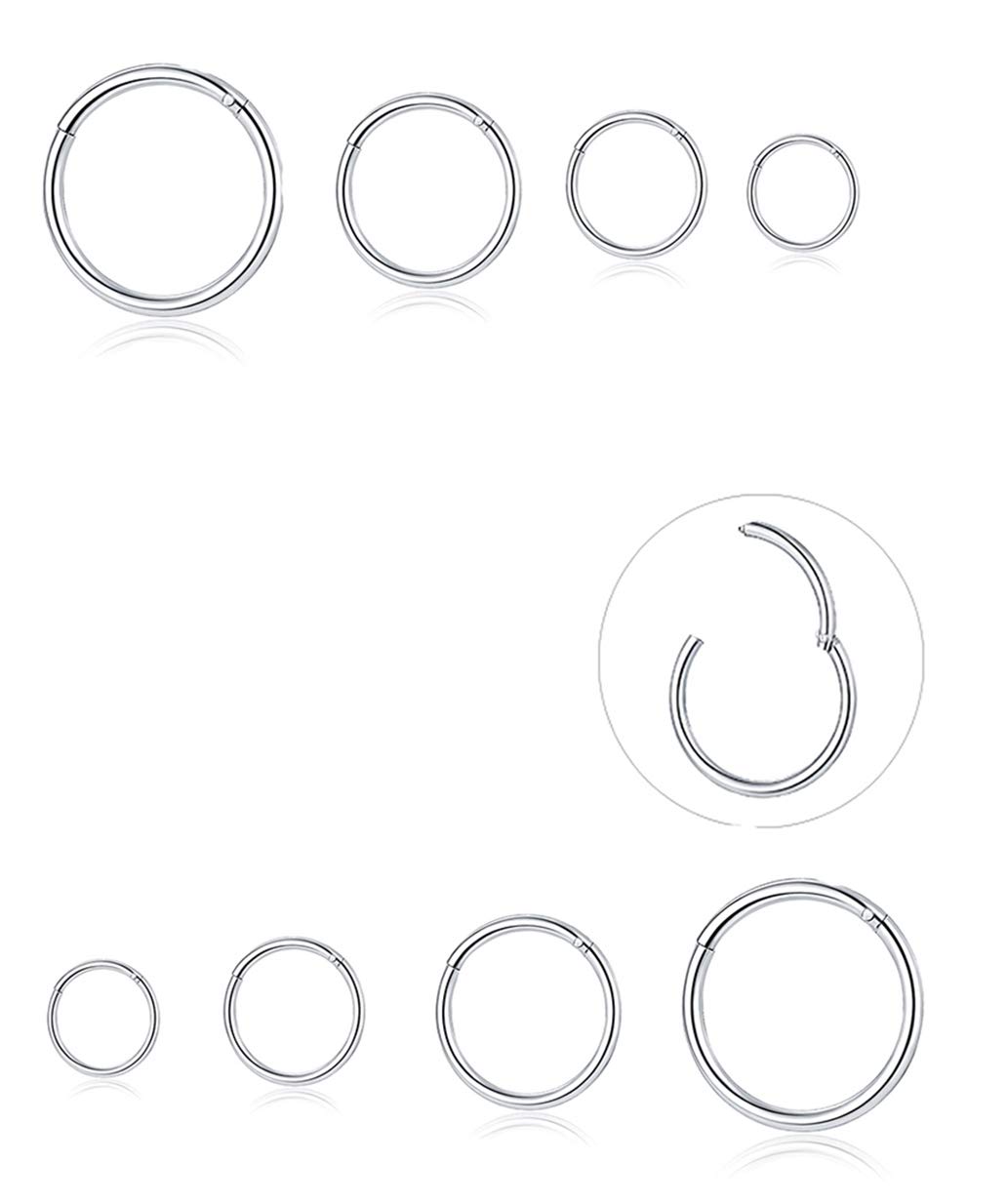 Tornito 8Pcs 18G Stainles Steel Clicker Ring Seamless Lip Nose Daith Cartilage Helix Tragus Hoop Ring