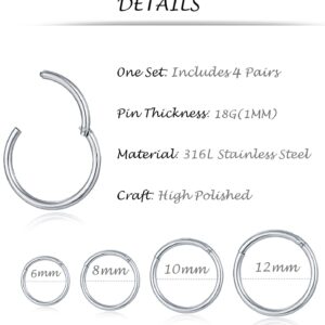 Tornito 8Pcs 18G Stainles Steel Clicker Ring Seamless Lip Nose Daith Cartilage Helix Tragus Hoop Ring