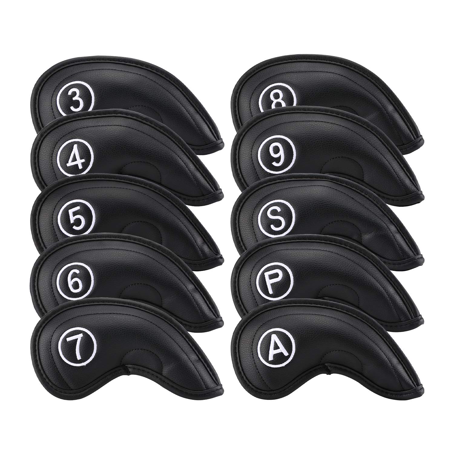 Golf Irons Club Head Covers, Golf 10pcs Set Thick PU Leather Waterproof Head Covers with Number Tag 3-9/A/P/S Fit Most Irons Club (Black)