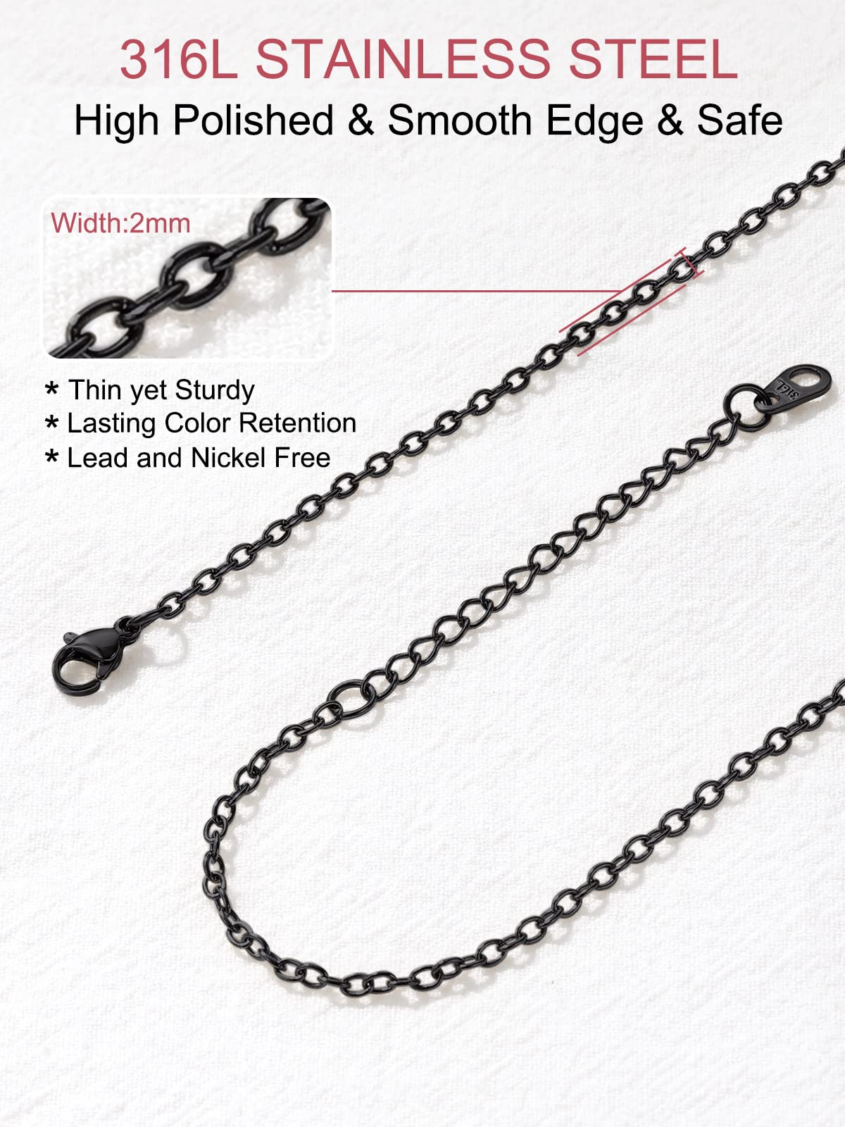 FOCALOOK Black Necklace Chain for Women 2mm 18 Inch Stainless Steel Rolo Cable Chain