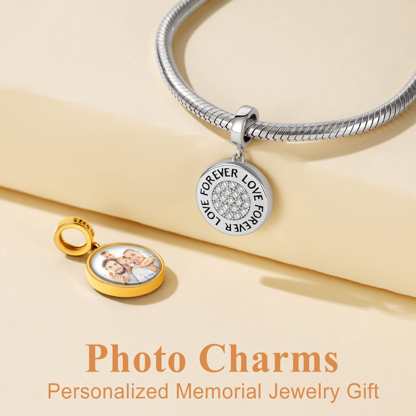 925 Sterling Silver Personalized Photo Charm Fit Bracelet Necklace Customized Image Picture Bead for Women