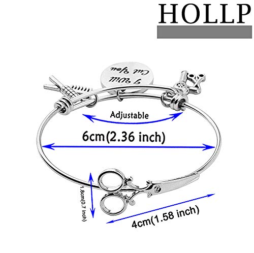 HOLLP Expandable Hairdresser Bracelet Hair Stylist Gift I Will Cut You Hairdresser Jewelry Scissor Bangle Bracelets with Comb Hair Drier Charm Graduation Gift (Style 2)