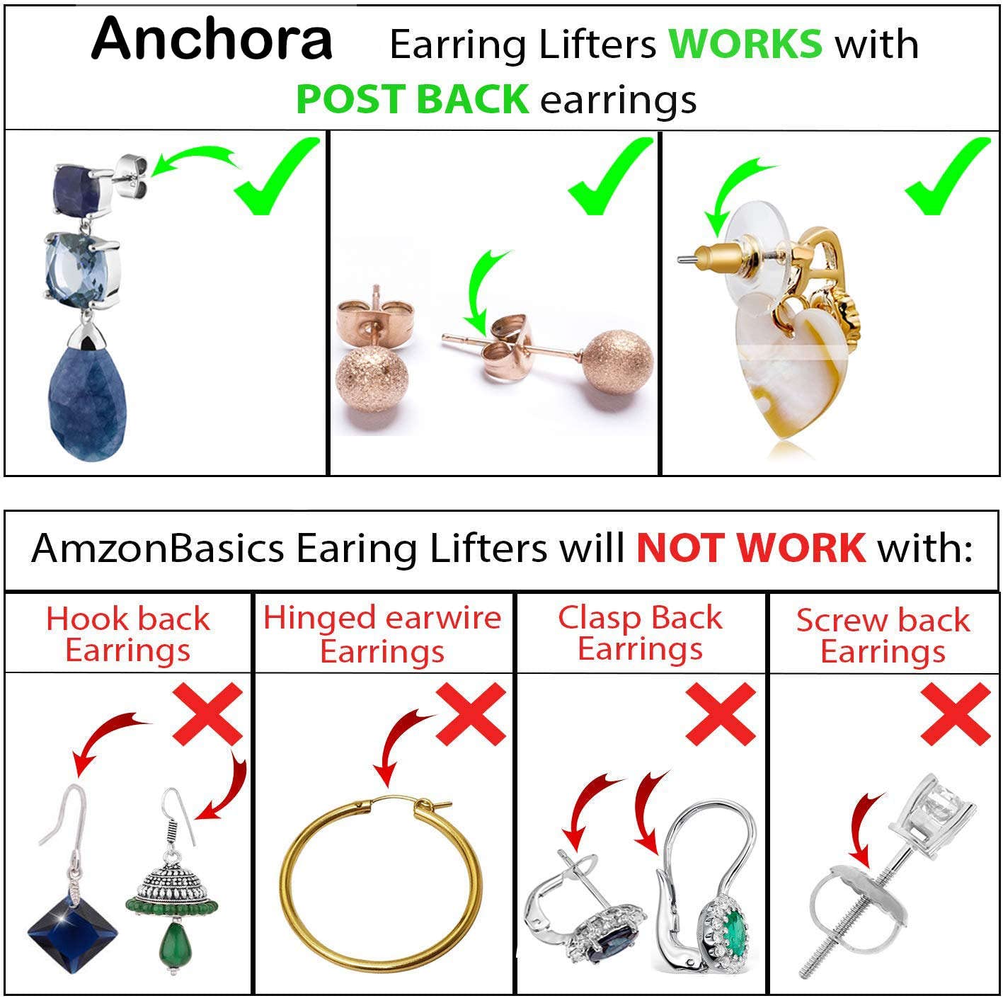 ANCHORA Original Earring Backs for Droopy Ears | Earring Lifters for Heavy Earring | Earing Lifter Backs Backs | Earlobe Secure