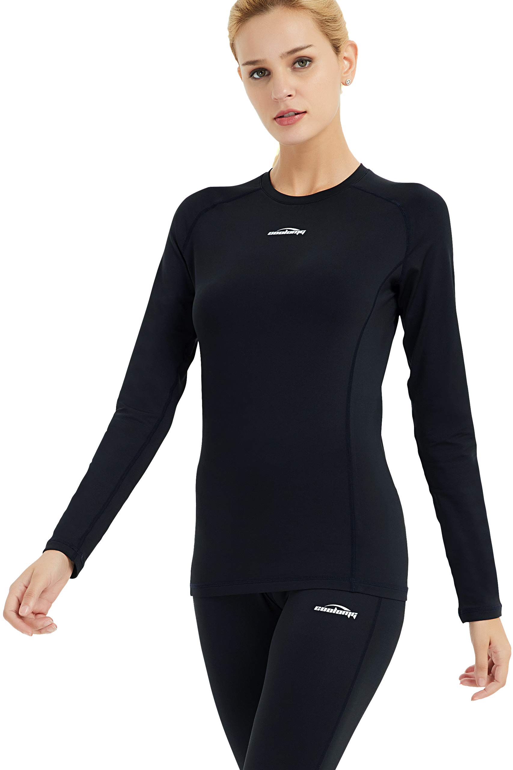 COOLOMG Women's Compression Shirts Crewneck Long Sleeve Cool Dry Base Layer Top Black Small