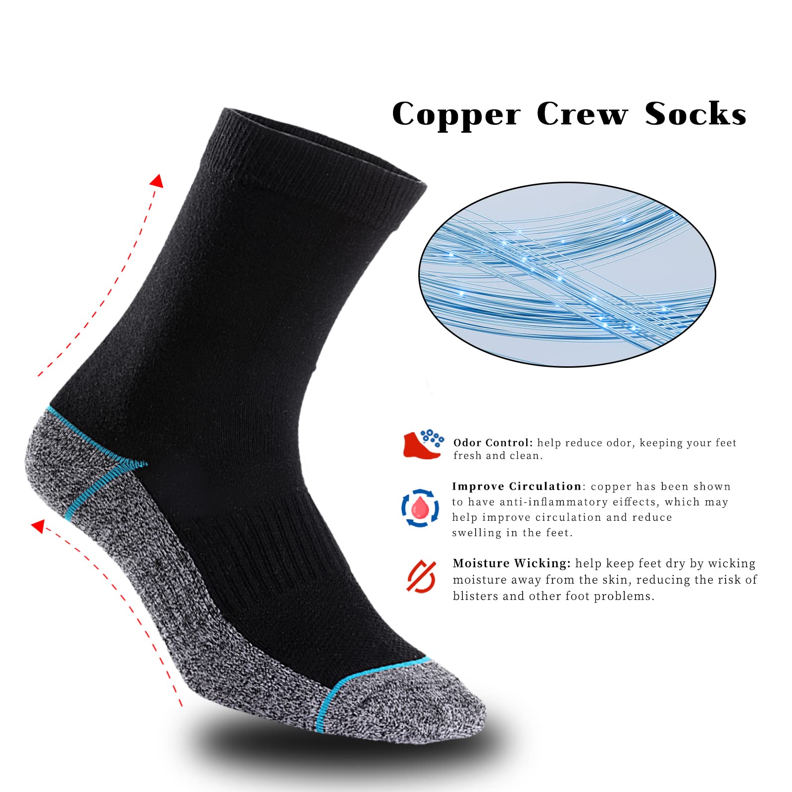 Kodal Copper Infused Crew Socks Business Athletic Moisture Wicking Odor Free Comfortable for All Day Wear (5 Pairs)