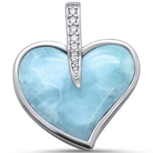 Oxford Diamond Co Sterling Silver Natural Larimar & Cubic Zirconia Heart Charm Pendant