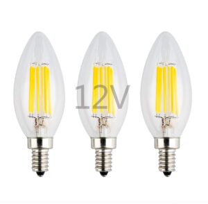 opalray led candelabra bulb, dc 12v 24v, dimmable with dc dimmer, 6w 600lm, warm white light, e12 small base, 60w incandescent equivalent, 12v power supply, clear glass torpedo tip, 3-pack