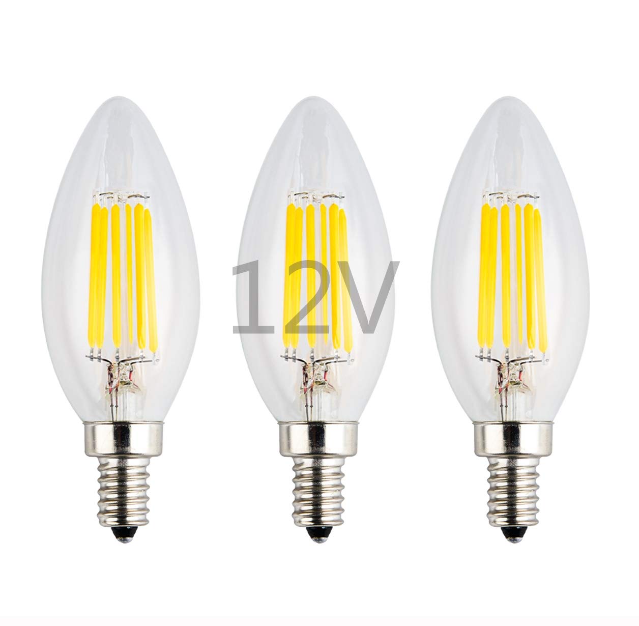 OPALRAY LED Candelabra Bulb, DC 12V 24V, Dimmable with DC Dimmer, 6W 600Lm, Warm White Light, E12 Small Base, 60W Incandescent Equivalent, 12V Power Supply, Clear Glass Torpedo Tip, 3-Pack