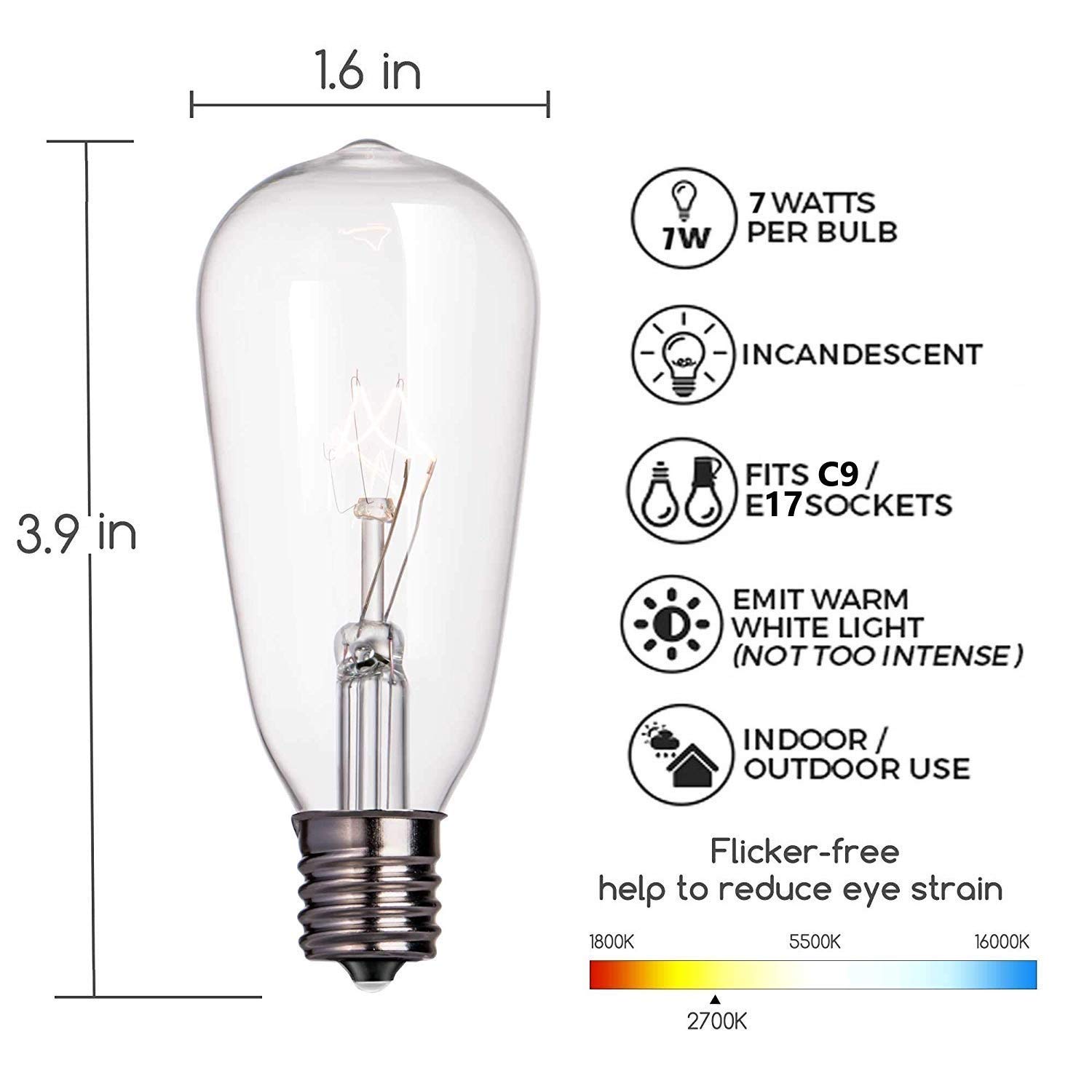 SUNSGNE 10-Pack Edison Light Bulbs, 7-watt E17 Screw Base ST40 Replacement Clear Glass Incandescent Light Bulbs for Outdoor Patio Edison Bulb String Lights, Warm White