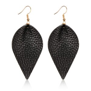 Bohemian Lightweight Genuine Real Leather Geometric Drop Statement Earrings - Petal Leaf, Triple Feather, Teardrop Dangles, Scallop Disc Hoop (Leaf - Black)