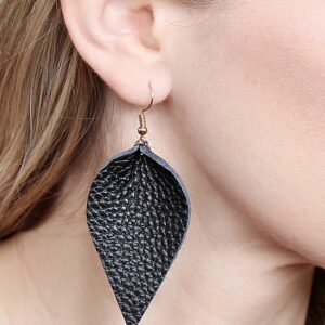 Bohemian Lightweight Genuine Real Leather Geometric Drop Statement Earrings - Petal Leaf, Triple Feather, Teardrop Dangles, Scallop Disc Hoop (Leaf - Black)