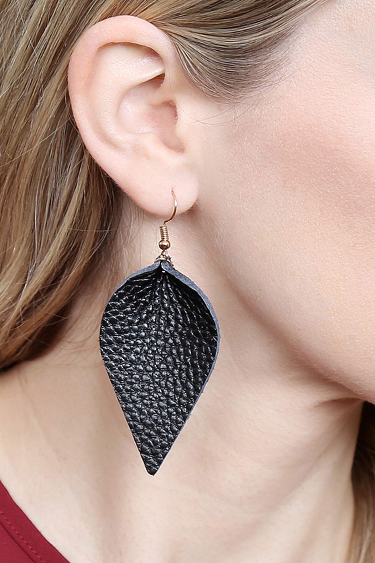 Bohemian Lightweight Genuine Real Leather Geometric Drop Statement Earrings - Petal Leaf, Triple Feather, Teardrop Dangles, Scallop Disc Hoop (Leaf - Black)