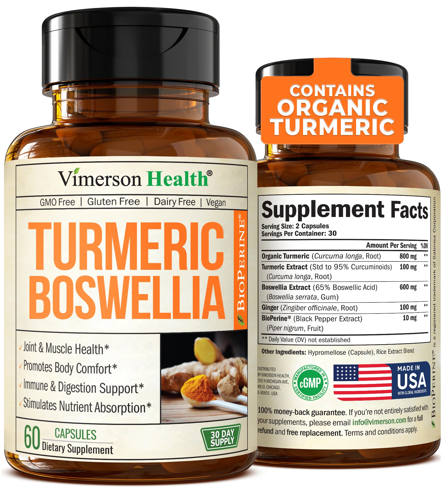 Turmeric Curcumin Supplement with Boswellia Serrata Extract, Organic Turmeric, Ginger and Black Pepper. Joint Support Supplement - High Absorption Tumeric 95% Curcuminoids. Digestive & Immune Support