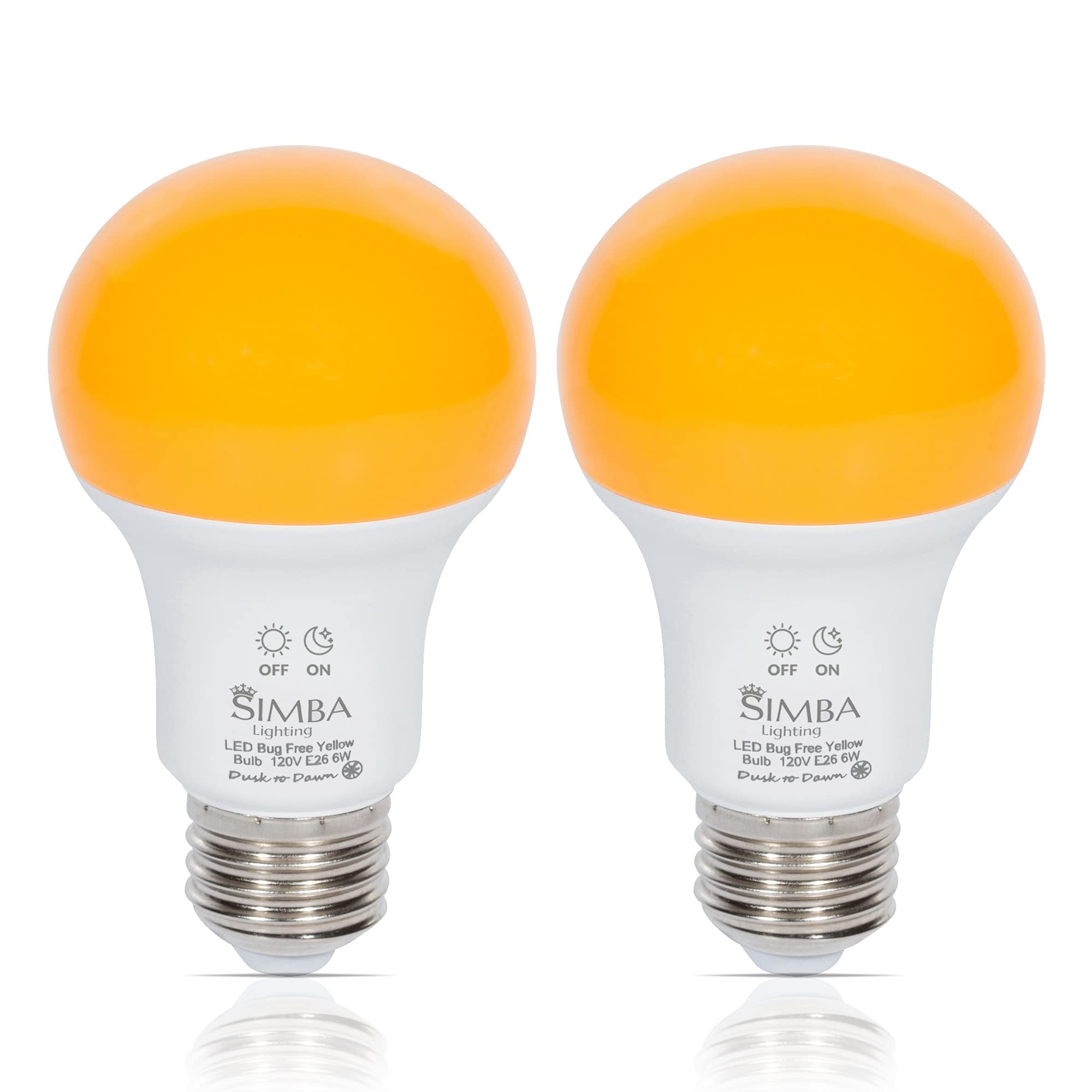 Simba Lighting Bug Non-Attracting Yellow LED Bulb 6W 40W Equivalent, Great for Outdoor Porch Light, Night Light, Dusk-to-Dawn Smart Sensor Auto On/Off, Amber Warm 2000K, A19 E26 Medium Base, Pack of 2